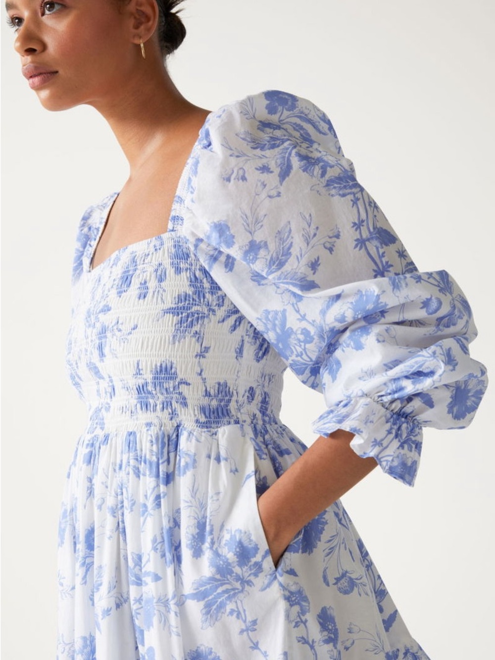 &otherStories Blue & White Floral Puff-Sleeve Mini Dress